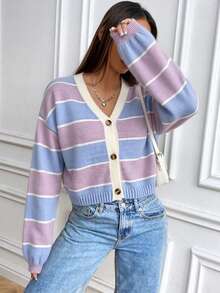 SHEIN LUNE Colorblock Loose Cropped Cardigan Sweet Preppy Style Sweater Cardigan Jacket - Purple - View 3