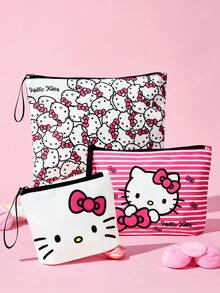 HELLO KITTY AND FRIENDS | SHEIN 可愛貓咪印花化妝包套組，多尺寸與大容量，適用於化妝品/小物品/電子產品，可單獨購買或套組，附拉鍊 - 粉黑白 - 查看 1