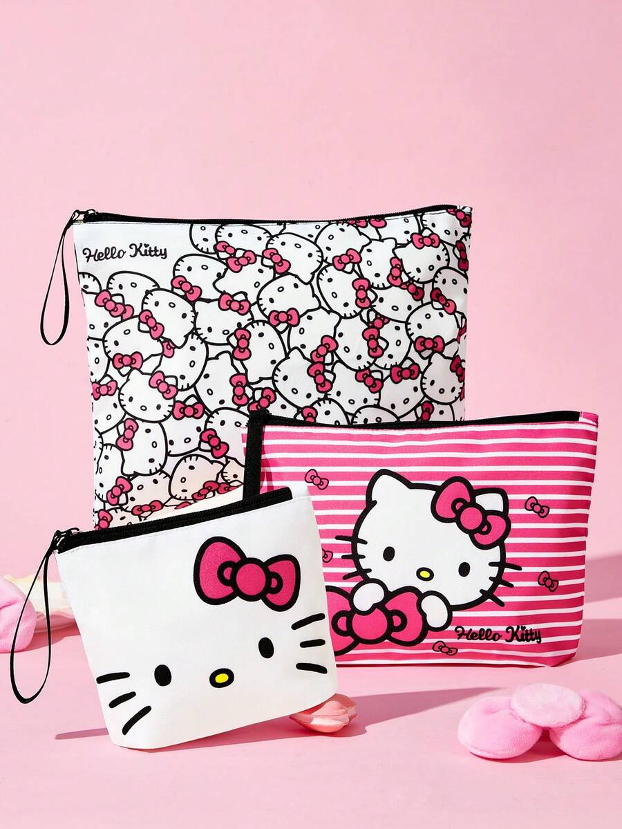HELLO KITTY AND FRIENDS | SHEIN 可愛貓咪印花化妝包套組,多尺寸與大容量,適用於化妝品/小物品/電子產品,可單獨購買或套組,附拉鍊 - 粉黑白 - 查看 1