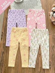 Young Girls Bohemian Floral Series, Young Girl Casual Simple Long Leggings Suitable For Autumn/Winter Daily Wear, Random 2pcs/Set - Multicolor - View 3