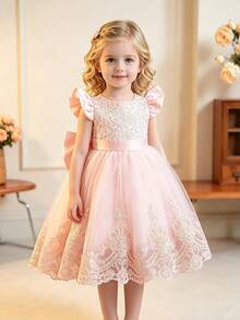 Glamorique Kids 嬰兒蕾絲花卉網紗拖尾公主裙 夏季婚禮花童生日禮服 柔粉色 可愛優雅 - 粉色 - 查看 4