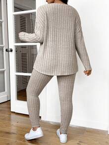 Lounesse 女士秋季服装返校运动套装简约简约紧身纹理打底裤和长袖上衣套装女士加大两件套 - 杏色 - 查看 3