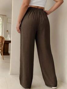 SHEIN PETITE CURVE 大尺碼女款素色抽繩腰休閒百搭日常旅行長褲 - 咖啡棕 - 查看 3