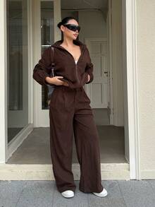 DAZY Women's Fashion Versatile Zipper Long Sleeve Shirt And Pocket Pants 2 Pieces Set Lounge Sets For Women - Brown - View 6