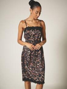 KSTM Leopard Print Satin Slip Midi Dress With Lace Trim Scallop Hem Drawstring Waist Spaghetti Straps Summer Party - Multicolor - View 1