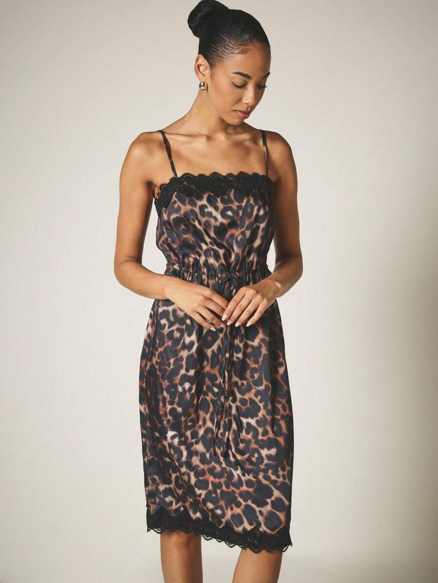 KSTM Leopard Print Satin Slip Midi Dress With Lace Trim Scallop Hem Drawstring Waist Spaghetti Straps Summer Party - Multicolor - View 1