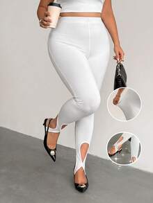 Firerie Plus Size Women's Sexy Elegant Daily Gym Workout Vacation Active Casual White Knit High Waist Slim Fit Cutout Stirrup Tight Leggings Fall - White - View 3