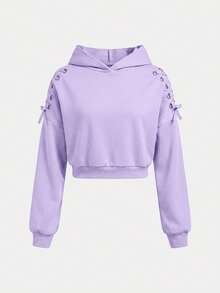 SHEIN Girlism 青少年女孩秋冬萬聖節時尚街頭風黑色連帽長袖抽繩套頭運動衫 - 紫色 - 查看 5