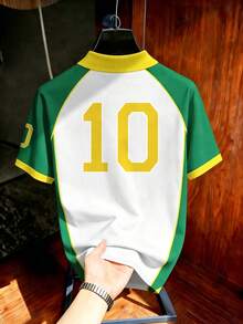 Manfinity Campus Court Vintage Brazil Classic Yellow & Green Striped Polo Shirt, American Style BRASIL #10 Printed Jersey, Men's & Women's Graphic T-Shirt, Men's Summer Fashion Casual Sports Shirt, Football, Football Equipment - Multicolor - View 2