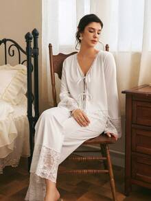 Côtesoire South France Romantic Lace Patchwork V-Neck Long Sleeve Pants Women's Pajama Set - White - View 6