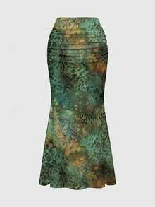 ROMWE Fairycore Dark Elegant 70s 90s Mature Sexy Leopard Print Floral Plant Ruched Bodycon Mermaid Tail Women's Skirt Brunch Going Out Green Autumn - Green - View 2