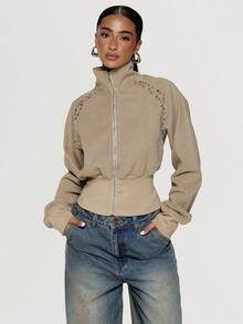 MUSERA Studded Funnel Neck Cropped Jacket With Cinched Ribbed Waist Boho, Sexy, Autumn, Festival, Girly, Studs & Suede - Khaki - View 1