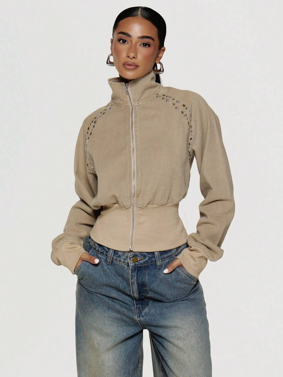 MUSERA Studded Funnel Neck Cropped Jacket With Cinched Ribbed Waist Boho, Sexy, Autumn, Festival, Girly, Studs & Suede - Khaki - View 1