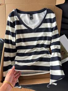 DAZY Women's Striped Colorblock Casual Daily Wear T-Shirt Summer - Black - View 3