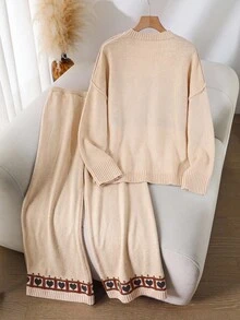 CosyJoli Plus Size Cartoon Pattern Sweater Knit Pants Set Formal Vacation Beige Autumn Casual Lounge Sets For Women Fall/Winter - Apricot - View 2