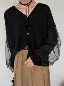 FRIFUL Cardigan Wanita Model Korea Baru untuk Awal Musim Gugur, Motif Patchwork, Bagian Bawah Berbahan Jala Transparan dengan Belahan di Bagian Depan. - Hitam - View 4