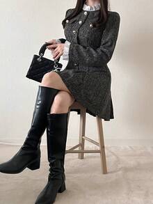 FRIFUL Gaun Pesta Kantor/Kencan Elegan Fashion Colorblock Wanita Warna Abu-abu Gelap Musim Gugur - Dark Grey - View 1