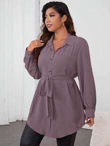 Firerie Plus Size Women's Solid Color Simple Casual Long Sleeve Blouse Fall - Purple - View 4