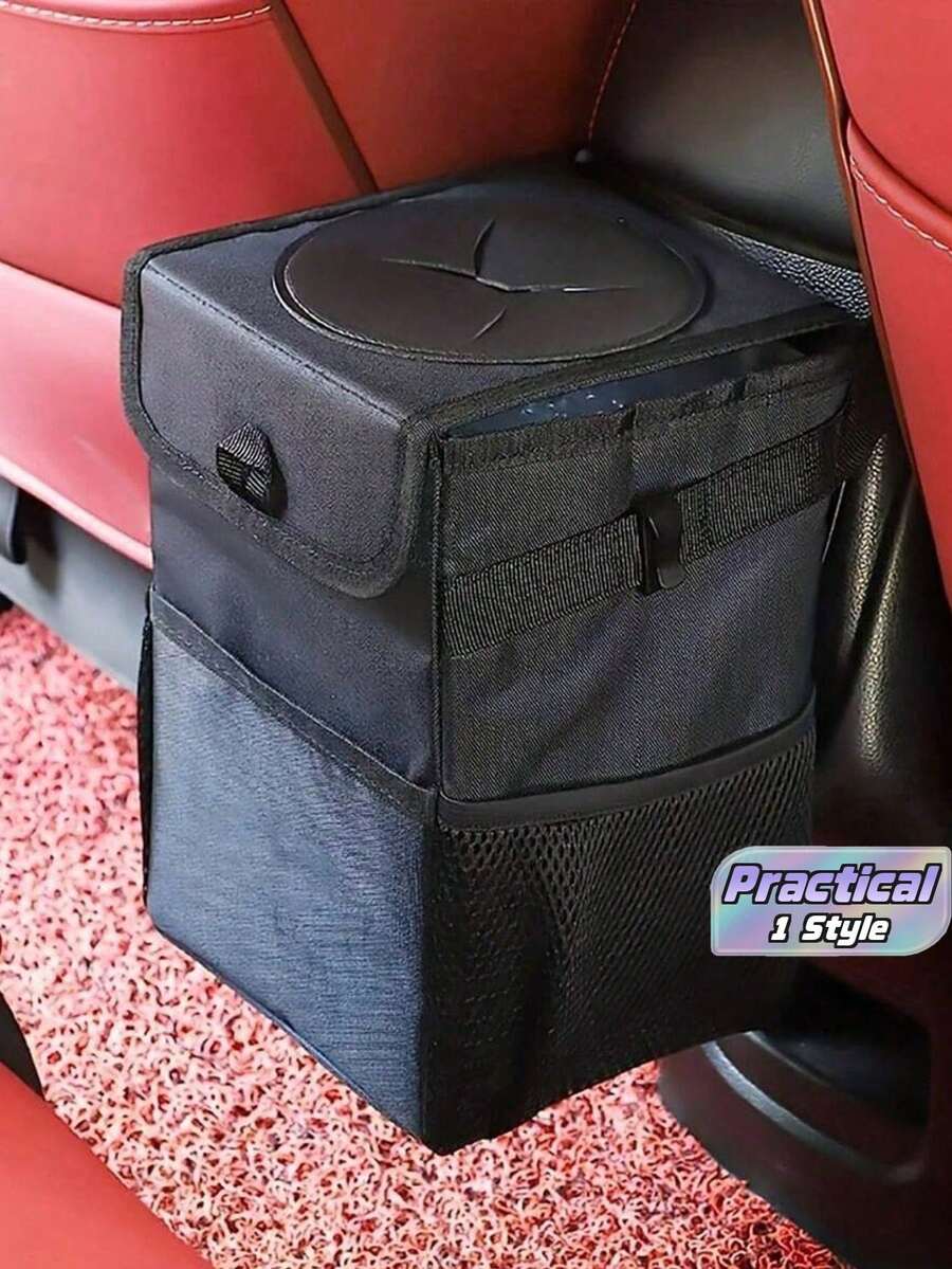 1 Portable Foldable Car Garbage Bag With Lid-Hanging Trash Can With Storage Bag-Car Trash Can And Storage Box, Waterproof Mini Car Trash Can, With Lid And Storage Bag, Car Garbage Bag Hanging Accessories - Black - View 1