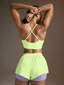 Powerista Women's Solid Color Halter Top And Shorts Casual Daily Sports Set - Yellow - View 2