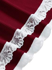 ROMWE Ribbed Lace Camisole & Shorts Casual Pajama Set - Burgundy - View 3
