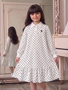 SHEIN Tween女孩對比白POLO領黑白波點Logo印花長袖寬鬆A字洋裝 優雅學院風 - 黑與白 - 查看 3