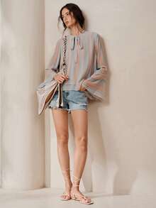 Frievida Elegant French Vintage Commuter Casual Striped Bell Sleeve Women's Blouse Office Dusty Pink Autumn - Multicolor - View 4