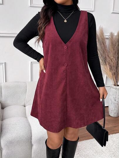 SHEIN Frenchy Plus Size Solid Color Versatile Long Sleeve T-Shirt And Button-Up Dress 2-Piece Set
