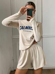 Livesso 2 piezas/Set Pijama para mujer con camiseta de manga larga cuello redondo con gráfico en inglés y pantalones de dormir cortos de pierna ancha para otoño - Albaricoque - Ver 5