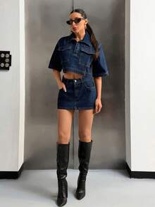 SHEIN Tall Casual Style Dark Blue Wash Regular Fit Front Crop Shirt And Mini Skirt Two Pieces Denim Set - Dark Wash - View 1