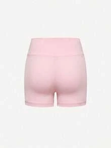 SHEIN Tween 女童纯色休闲紧身短裤，高腰，四向拉伸，高弹性，适合运动装、骑行、跑步、训练 - 粉色 - 查看 8