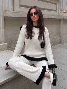 Mulvari Women's Minimalist Round Neck Autumn/Winter Sweater 2 Pieces Set Fall/Winter Casual Sets For Women Sweater White - Black and White - View 4