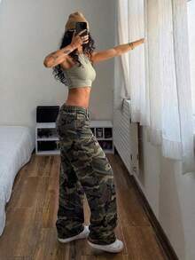 StreetHx 女款迷彩寬鬆低腰彎腿牛仔褲 - 軍綠色 - 查看 4