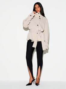 KIZN Oversized Belted Trench Jacket With Stand Collar Button Front Closure And Wide Cuffs Perfect For Autumn Winter Layering - Khaki - View 5