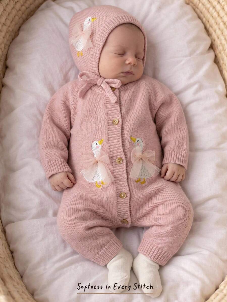 Cozy Pixies Baby Girl Cartoon Animal Sweet Cute Duck Pattern 3D Mesh Bowknot Design Round Neck Long Sleeve Knit Jumpsuit Versatile Comfortable - Pink - View 1