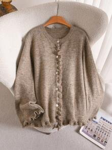 CosyJoli French Vintage Ruffle Trim Knitted Cardigan, Solid Color Round Neck Loose Long Sleeve Sweater Winter - Brown - View 6