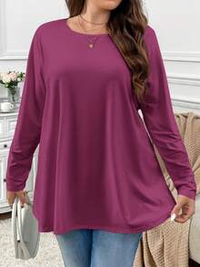 Firerie Kaos Kasual Ukuran Besar Model Longgar, Bahu Jatuh, Leher Bulat, Lengan Panjang, Warna Polos, Cocok untuk di Rumah, Liburan, dan Sebagai Lapisan Pakaian Musim Semi dan Gugur - Red Violet - View 2