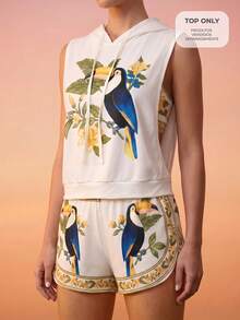 CAJUNI Women's Floral & Bird Print Drawstring Hooded Casual Daily Sports T-Shirt - Beige - View 7