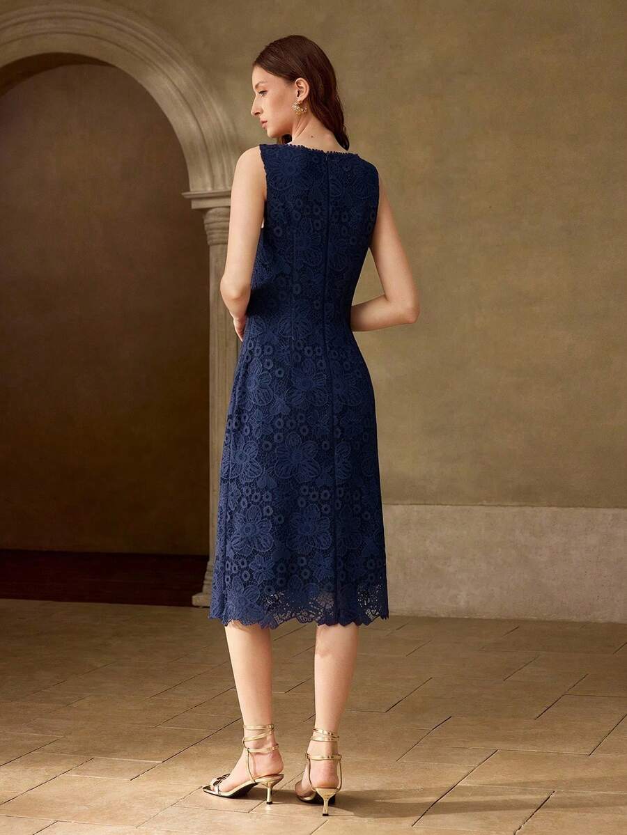 MOTF PREMIUM ELEGANT EMBROIDERED LACE MID-LENGTH DRESS FOR WOMEN - Royal Blue - View 2