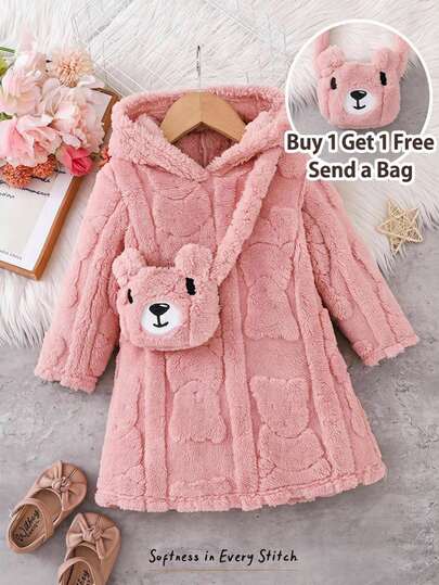 Cozy Pixies BabyGirl Infant Cartoon Bear Textured Plush Thickened Autumn/Winter Hooded Straight Dress With Cartoon Doll Crossbody Bag, Cute Casual Minimalist Versatile Comfortable Dress