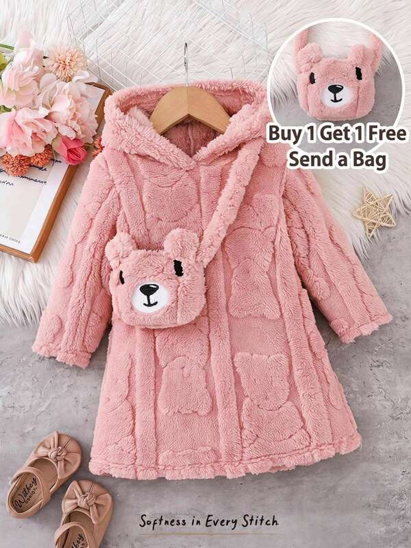 Cozy Pixies BabyGirl Infant Cartoon Bear Textured Plush Thickened Autumn/Winter Hooded Straight Dress With Cartoon Doll Crossbody Bag, Cute Casual Minimalist Versatile Comfortable Dress