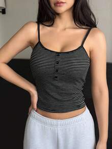 DAZY Striped Fake Collar Padded Cami Top Crop Women Tops - Black - View 6