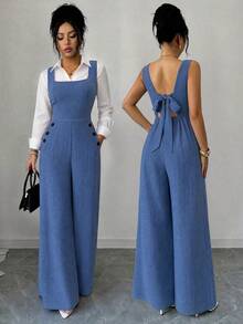 Elenzga Women's Business Square Neck Button Pocket Loose Casual Jumpsuit - Navy Blue - View 4