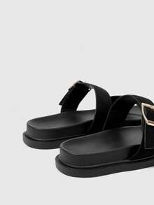 Sleekvia Women's Summer New Belt Buckle Thick Sole Sandals, Soft Leather Outdoor Slippers, Versatile Casual Beach Slouchy Shoes - Black - View 8