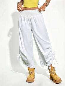 Gowayae Gowayae Women's New Fashion Solid Color Ruffle Side Drawstring White Loose Long Pants Autumn Fashion Streetwear Casual Millennium Soft Girl Gen Z Sportswear - White - View 7
