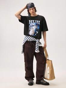 Vaulklash Men's Round Neck Short Sleeve Casual Cat Print T-Shirt - Black - View 2