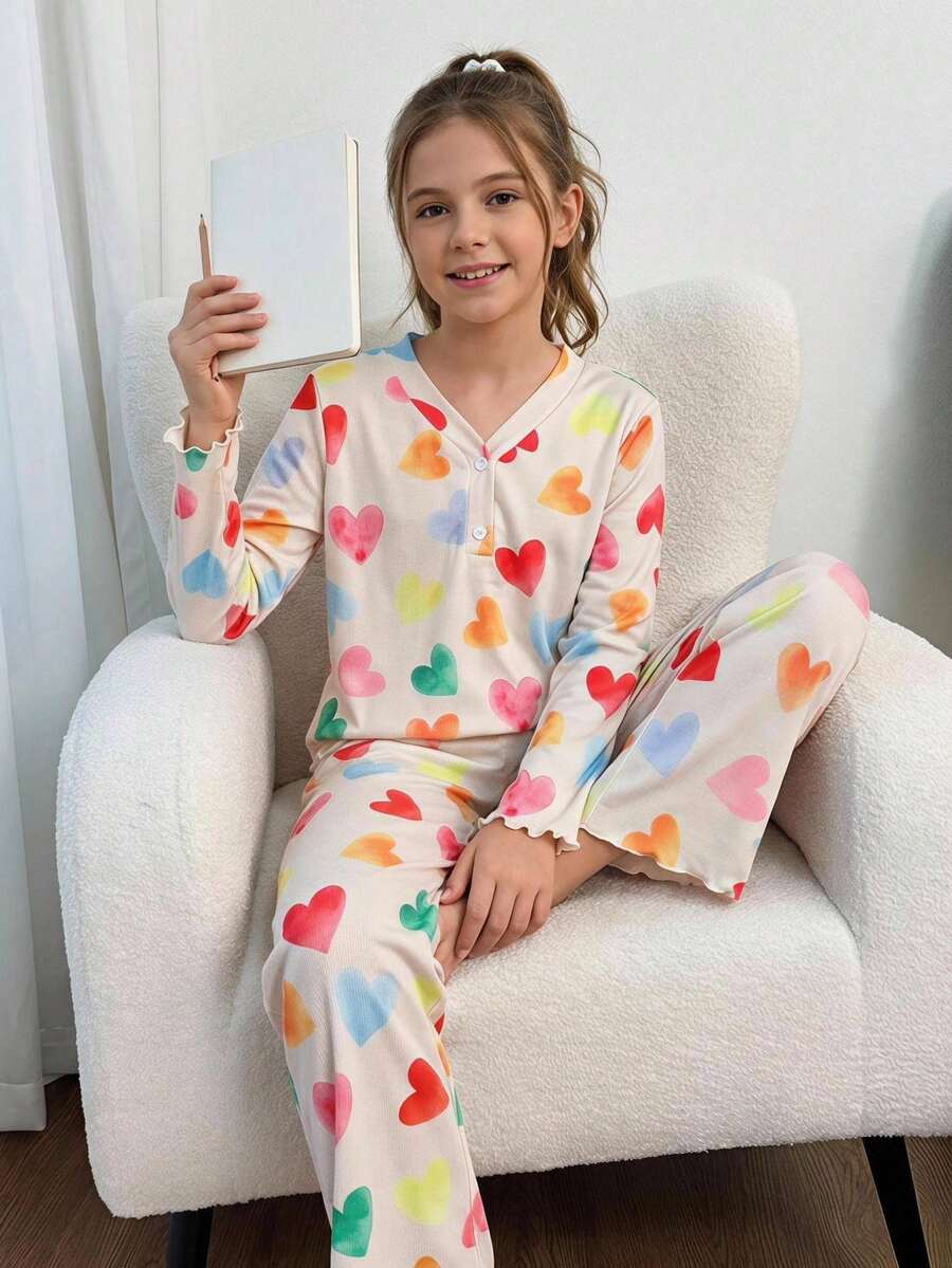 SHEIN Tween Girl Cute Sweet Minimalist Colorful Heart Print V-Neck Half-Button Front Ruffle Long Sleeve Pants Soft Comfortable Loungewear Pajama Set 2 Pieces Set - Pink - View 1