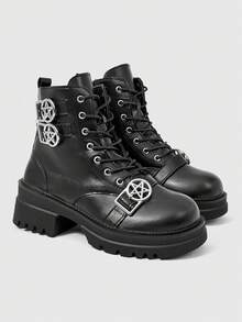 ROMWE Grunge Punk 女款 Diablo 龐克哥德風綁帶蝙蝠機車靴，厚底增高騎行靴，金屬鏈條過膝靴，踝靴 - 皮帶扣黑色 - 查看 3