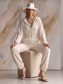 SHEIN Jumpsuit Wanita Berkerudung dengan Resleting Depan, Pinggang Tinggi, Karet Elastis, Saku, Lengan Panjang Longgar, dan Manset. - Putih - View 4