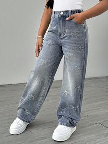 Tween Girls Vintage Distressed Flare Jeans With Bow Rhinestone Decor, Casual Washed Denim Pants - Medium Wash - View 3